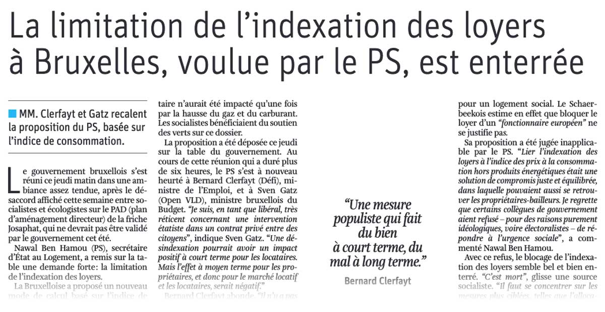 Extrait de l'article publié par La Libre : "La limitation de l'indexation des loyers à Bruxelles, voulue par le PS, est enterrée"